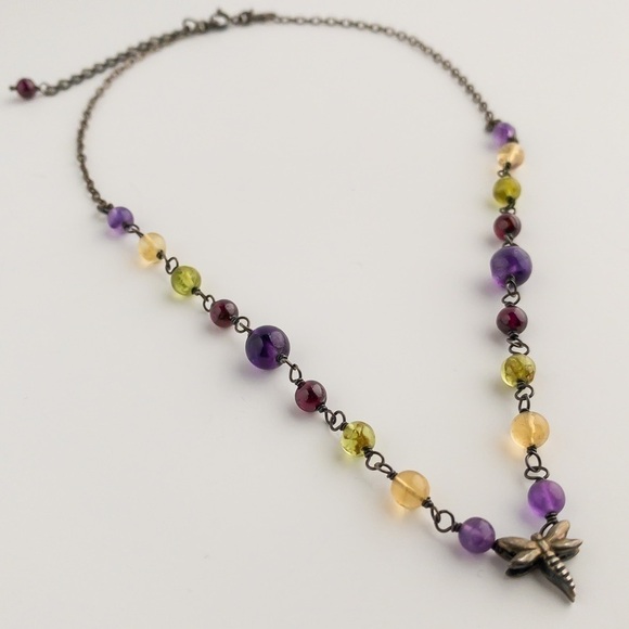 Sterling Silver Necklace Multicoloured Gemstones Dragonfly Charm Pendant Vintage - Picture 5 of 12